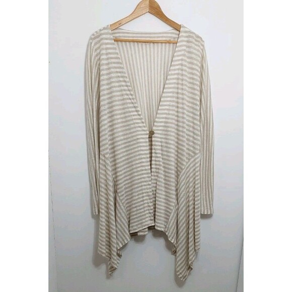 Soft Surroundings Women's Size 1X Cardigan Linen Cream White Stripe One Button - Picture 3 of 10